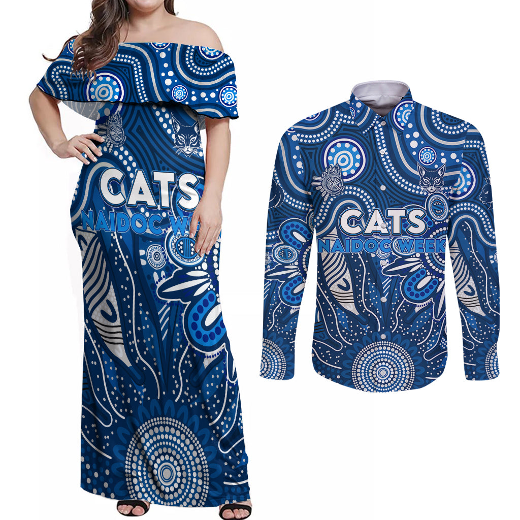 Personalised Cats NAIDOC Week 2024 Couples Matching Off Shoulder Maxi Dress and Long Sleeve Button Shirt Aussie Aboriginal Art