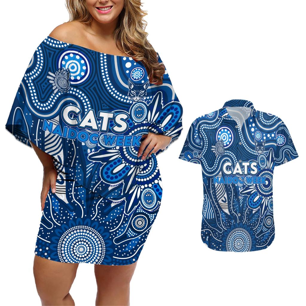 Personalised Cats NAIDOC Week 2024 Couples Matching Off Shoulder Short Dress and Hawaiian Shirt Aussie Aboriginal Art