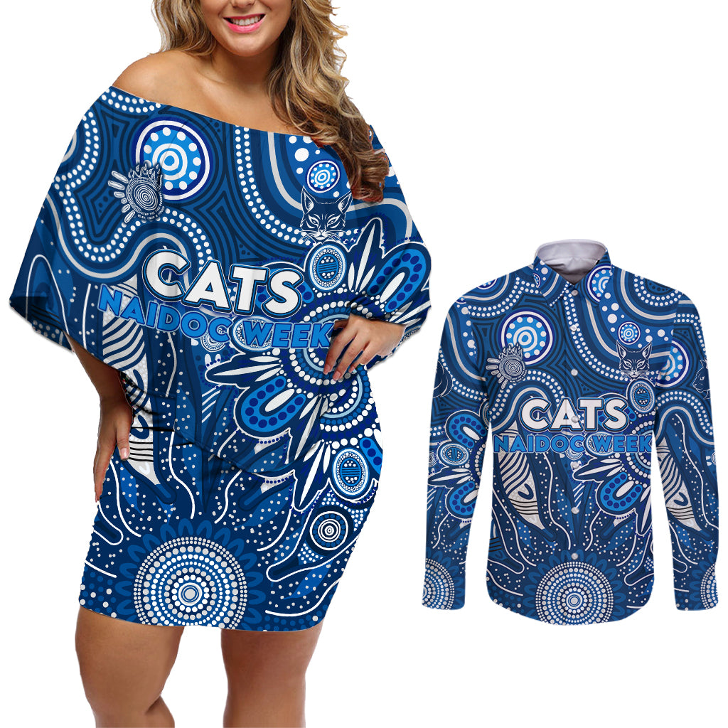 Personalised Cats NAIDOC Week 2024 Couples Matching Off Shoulder Short Dress and Long Sleeve Button Shirt Aussie Aboriginal Art