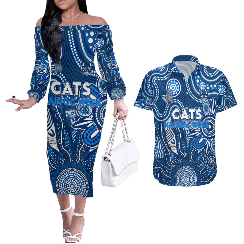 Personalised Cats NAIDOC Week 2024 Couples Matching Off The Shoulder Long Sleeve Dress and Hawaiian Shirt Aussie Aboriginal Art