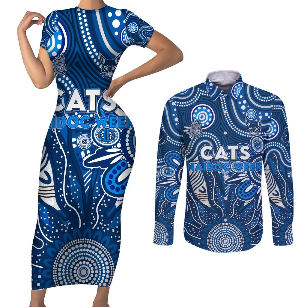 Personalised Cats NAIDOC Week 2024 Couples Matching Short Sleeve Bodycon Dress and Long Sleeve Button Shirt Aussie Aboriginal Art