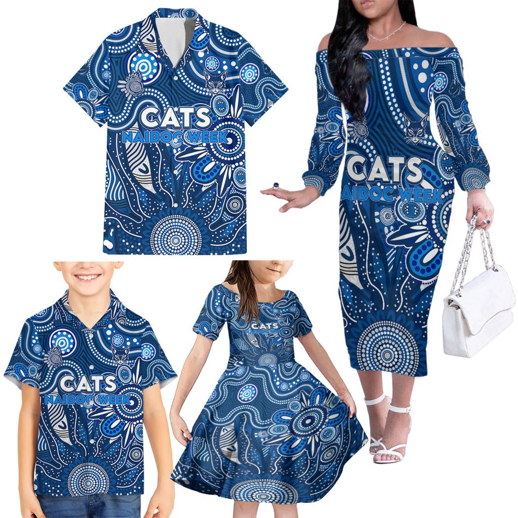 Personalised Cats NAIDOC Week 2024 Family Matching Off The Shoulder Long Sleeve Dress and Hawaiian Shirt Aussie Aboriginal Art