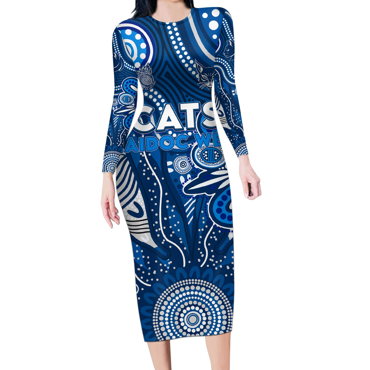 Personalised Cats NAIDOC Week 2024 Long Sleeve Bodycon Dress Aussie Aboriginal Art