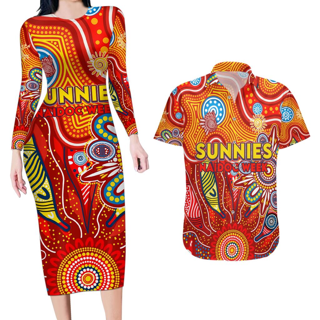 Personalised Sunnies NAIDOC Week 2024 Couples Matching Long Sleeve Bodycon Dress and Hawaiian Shirt Aussie Aboriginal Art