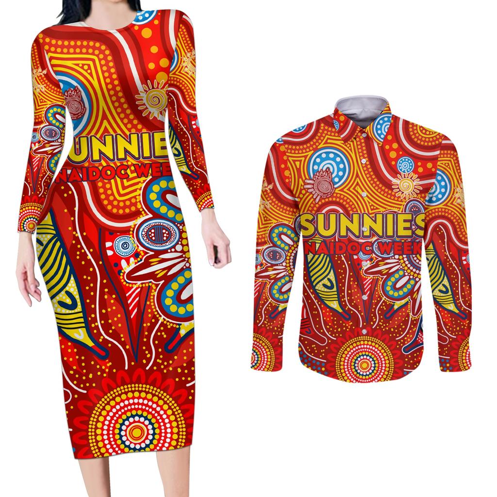 Personalised Sunnies NAIDOC Week 2024 Couples Matching Long Sleeve Bodycon Dress and Long Sleeve Button Shirt Aussie Aboriginal Art