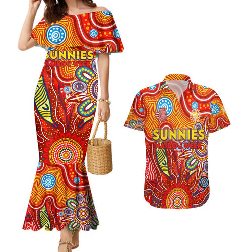 Personalised Sunnies NAIDOC Week 2024 Couples Matching Mermaid Dress and Hawaiian Shirt Aussie Aboriginal Art