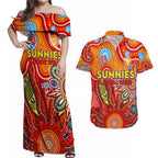 Personalised Sunnies NAIDOC Week 2024 Couples Matching Off Shoulder Maxi Dress and Hawaiian Shirt Aussie Aboriginal Art
