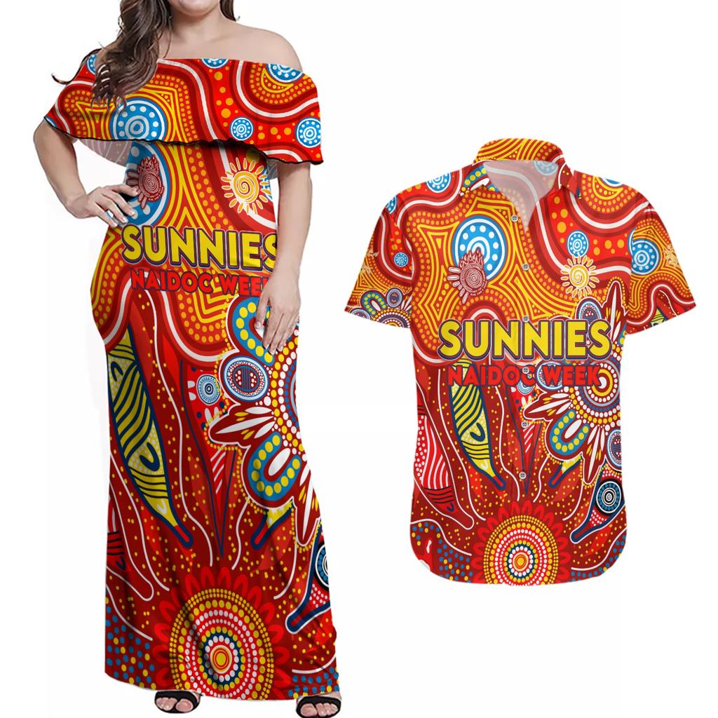 Personalised Sunnies NAIDOC Week 2024 Couples Matching Off Shoulder Maxi Dress and Hawaiian Shirt Aussie Aboriginal Art