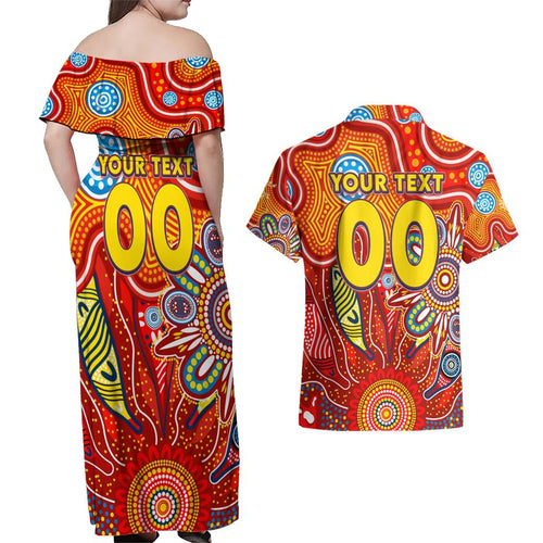 Personalised Sunnies NAIDOC Week 2024 Couples Matching Off Shoulder Maxi Dress and Hawaiian Shirt Aussie Aboriginal Art