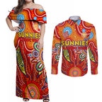 Personalised Sunnies NAIDOC Week 2024 Couples Matching Off Shoulder Maxi Dress and Long Sleeve Button Shirt Aussie Aboriginal Art