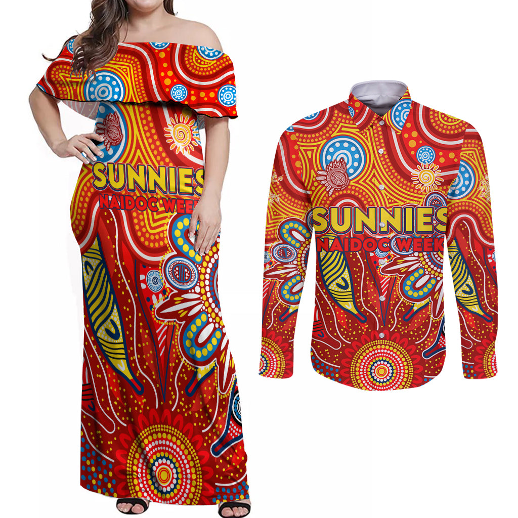 Personalised Sunnies NAIDOC Week 2024 Couples Matching Off Shoulder Maxi Dress and Long Sleeve Button Shirt Aussie Aboriginal Art