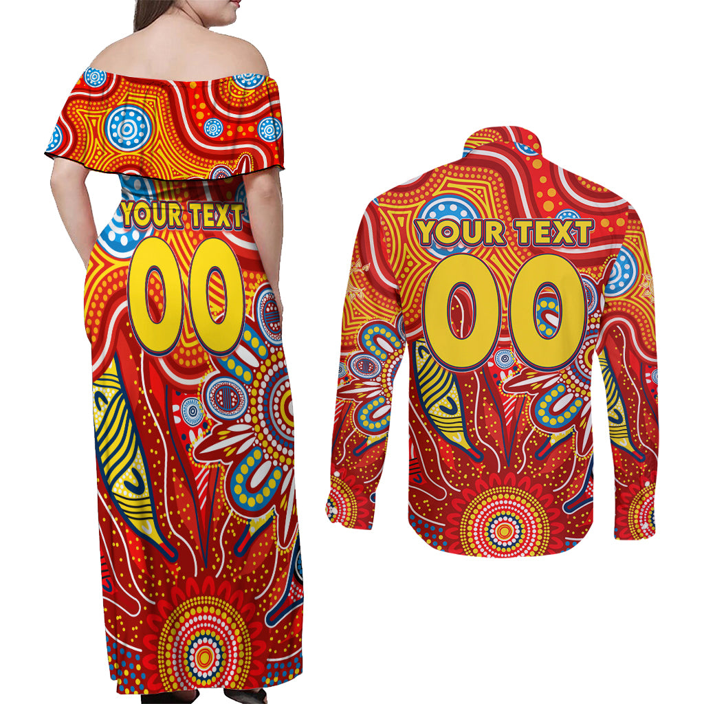 Personalised Sunnies NAIDOC Week 2024 Couples Matching Off Shoulder Maxi Dress and Long Sleeve Button Shirt Aussie Aboriginal Art