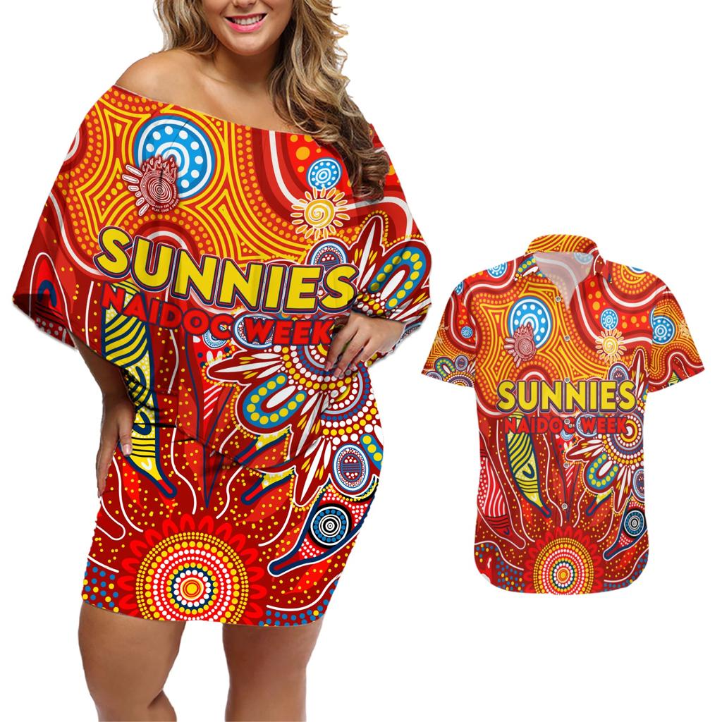 Personalised Sunnies NAIDOC Week 2024 Couples Matching Off Shoulder Short Dress and Hawaiian Shirt Aussie Aboriginal Art