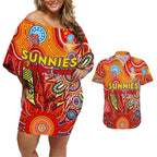 Personalised Sunnies NAIDOC Week 2024 Couples Matching Off Shoulder Short Dress and Hawaiian Shirt Aussie Aboriginal Art