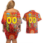 Personalised Sunnies NAIDOC Week 2024 Couples Matching Off Shoulder Short Dress and Hawaiian Shirt Aussie Aboriginal Art