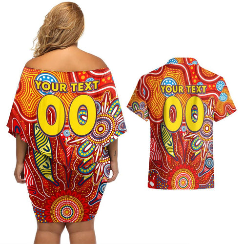 Personalised Sunnies NAIDOC Week 2024 Couples Matching Off Shoulder Short Dress and Hawaiian Shirt Aussie Aboriginal Art