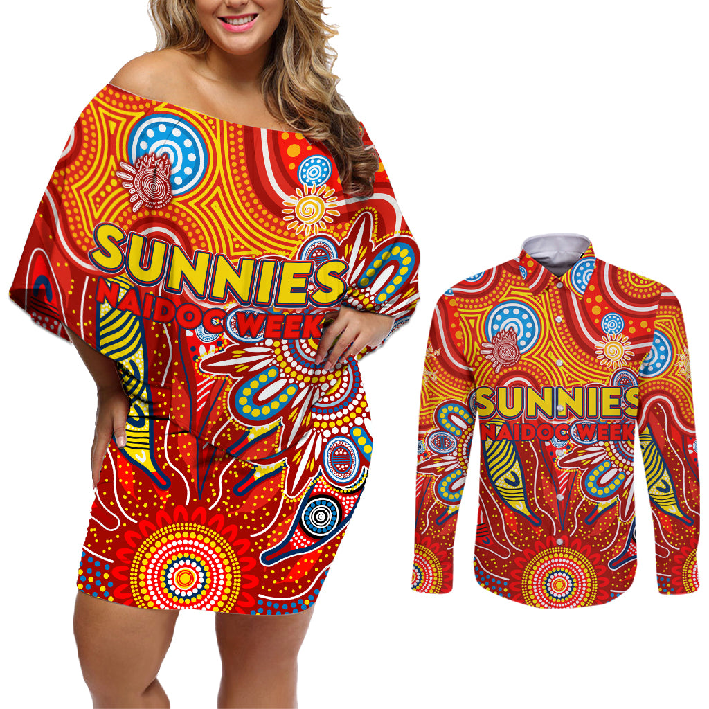 Personalised Sunnies NAIDOC Week 2024 Couples Matching Off Shoulder Short Dress and Long Sleeve Button Shirt Aussie Aboriginal Art