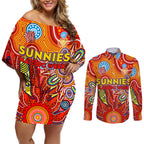 Personalised Sunnies NAIDOC Week 2024 Couples Matching Off Shoulder Short Dress and Long Sleeve Button Shirt Aussie Aboriginal Art