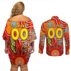 Personalised Sunnies NAIDOC Week 2024 Couples Matching Off Shoulder Short Dress and Long Sleeve Button Shirt Aussie Aboriginal Art