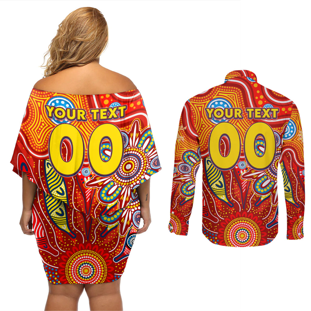 Personalised Sunnies NAIDOC Week 2024 Couples Matching Off Shoulder Short Dress and Long Sleeve Button Shirt Aussie Aboriginal Art