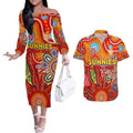 Personalised Sunnies NAIDOC Week 2024 Couples Matching Off The Shoulder Long Sleeve Dress and Hawaiian Shirt Aussie Aboriginal Art