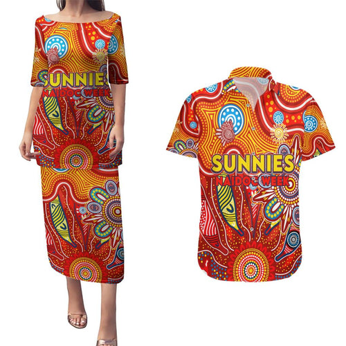 Personalised Sunnies NAIDOC Week 2024 Couples Matching Puletasi and Hawaiian Shirt Aussie Aboriginal Art