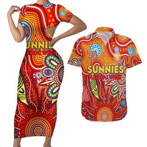 Personalised Sunnies NAIDOC Week 2024 Couples Matching Short Sleeve Bodycon Dress and Hawaiian Shirt Aussie Aboriginal Art
