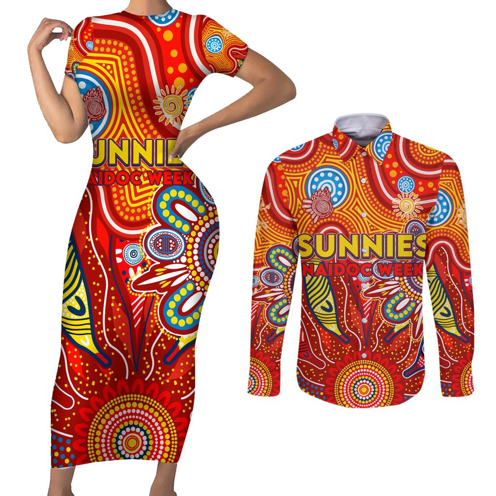 Personalised Sunnies NAIDOC Week 2024 Couples Matching Short Sleeve Bodycon Dress and Long Sleeve Button Shirt Aussie Aboriginal Art