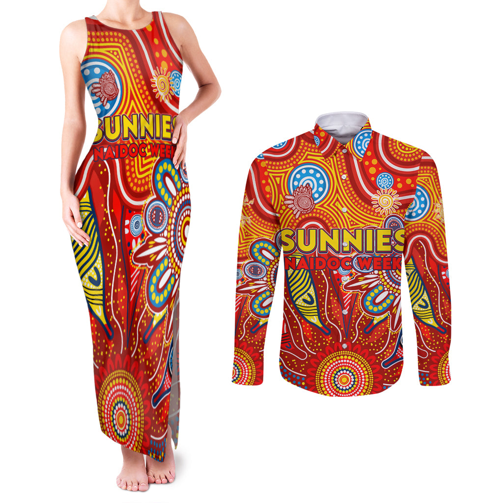 Personalised Sunnies NAIDOC Week 2024 Couples Matching Tank Maxi Dress and Long Sleeve Button Shirt Aussie Aboriginal Art