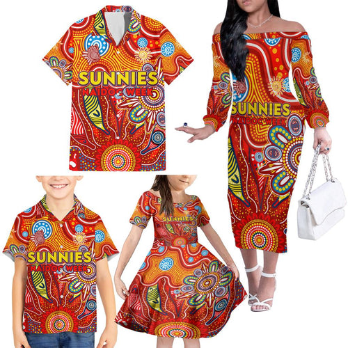 Personalised Sunnies NAIDOC Week 2024 Family Matching Off The Shoulder Long Sleeve Dress and Hawaiian Shirt Aussie Aboriginal Art