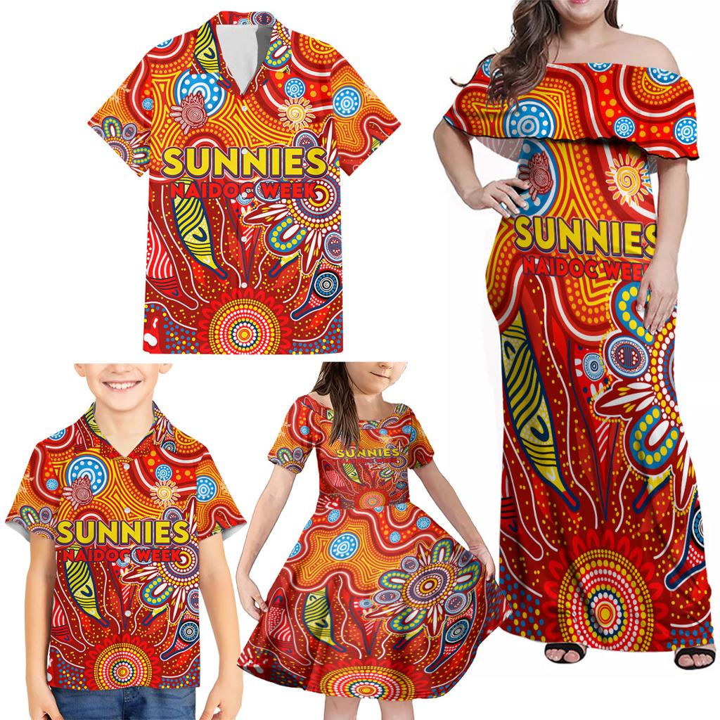Personalised Sunnies NAIDOC Week 2024 Family Matching Off Shoulder Maxi Dress and Hawaiian Shirt Aussie Aboriginal Art