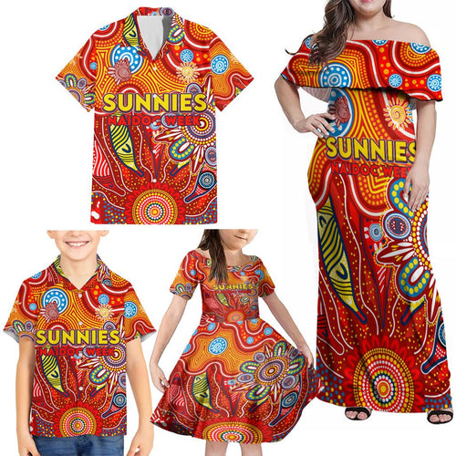 Personalised Sunnies NAIDOC Week 2024 Family Matching Off Shoulder Maxi Dress and Hawaiian Shirt Aussie Aboriginal Art
