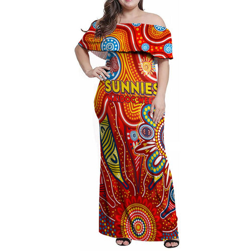 Personalised Sunnies NAIDOC Week 2024 Family Matching Off Shoulder Maxi Dress and Hawaiian Shirt Aussie Aboriginal Art
