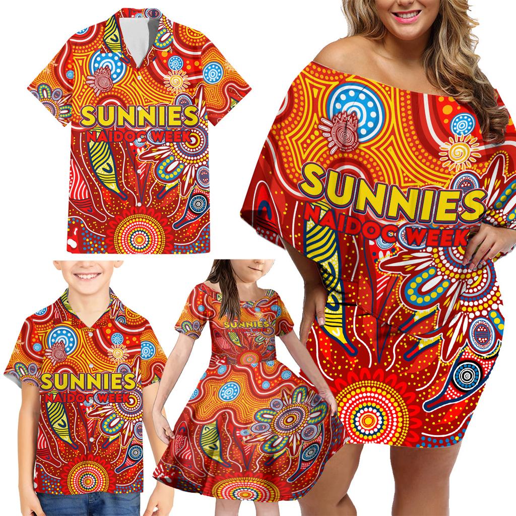 Personalised Sunnies NAIDOC Week 2024 Family Matching Off Shoulder Short Dress and Hawaiian Shirt Aussie Aboriginal Art