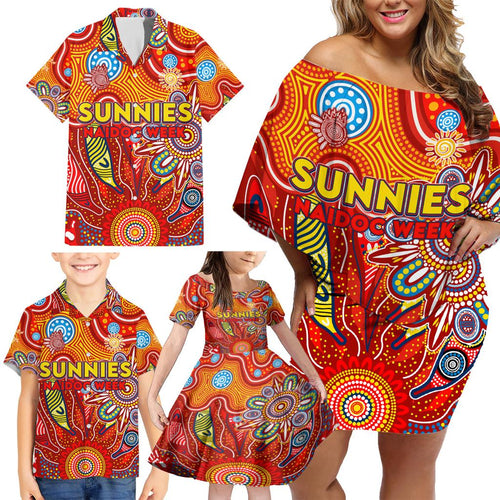Personalised Sunnies NAIDOC Week 2024 Family Matching Off Shoulder Short Dress and Hawaiian Shirt Aussie Aboriginal Art