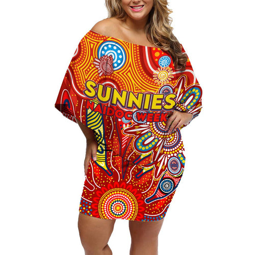 Personalised Sunnies NAIDOC Week 2024 Family Matching Off Shoulder Short Dress and Hawaiian Shirt Aussie Aboriginal Art