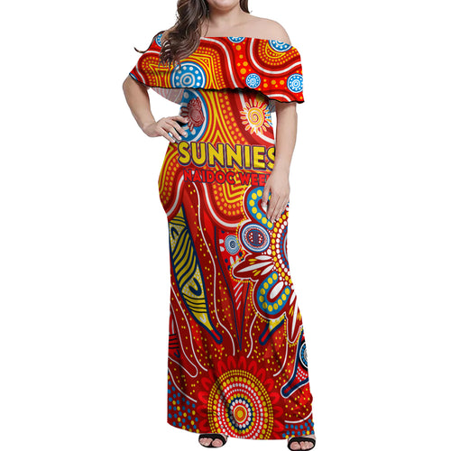 Personalised Sunnies NAIDOC Week 2024 Off Shoulder Maxi Dress Aussie Aboriginal Art
