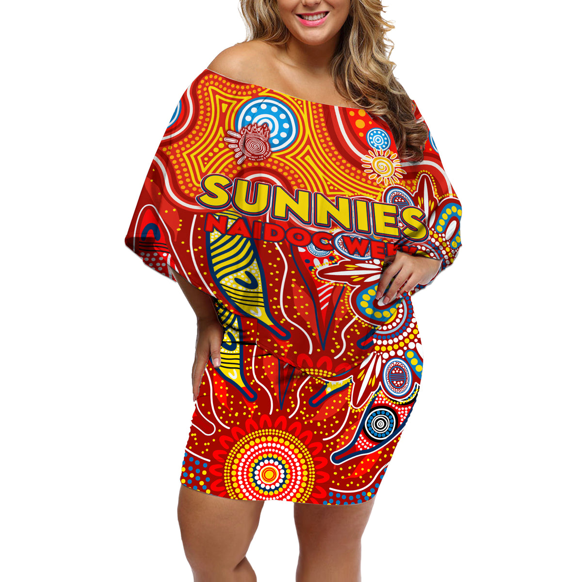 Personalised Sunnies NAIDOC Week 2024 Off Shoulder Short Dress Aussie Aboriginal Art