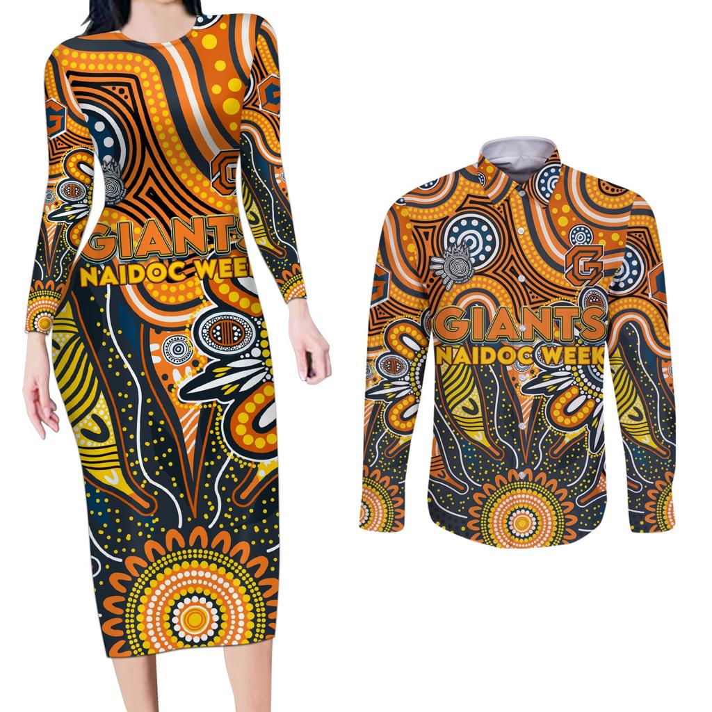 Personalised Giants NAIDOC Week 2024 Couples Matching Long Sleeve Bodycon Dress and Long Sleeve Button Shirt Aussie Aboriginal Art