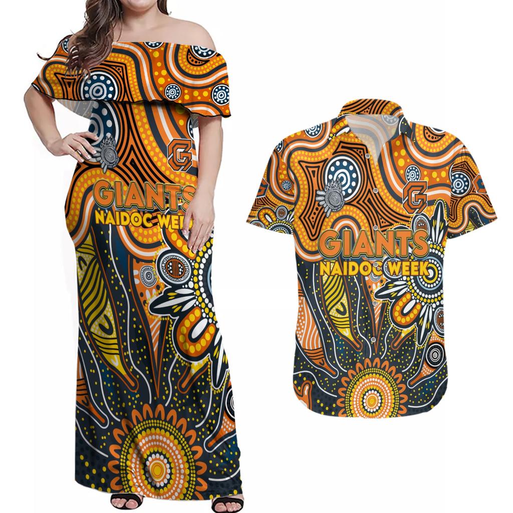 Personalised Giants NAIDOC Week 2024 Couples Matching Off Shoulder Maxi Dress and Hawaiian Shirt Aussie Aboriginal Art
