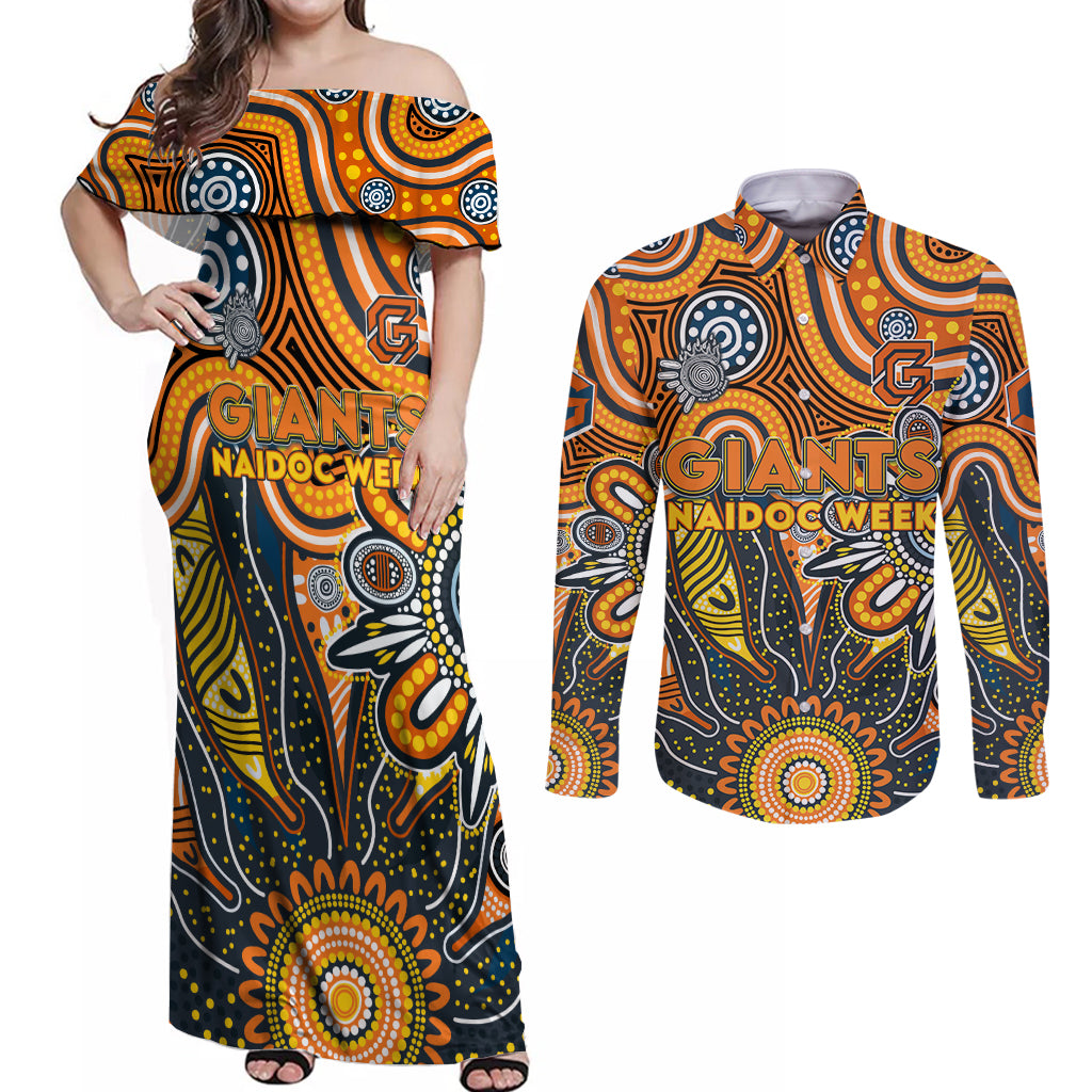 Personalised Giants NAIDOC Week 2024 Couples Matching Off Shoulder Maxi Dress and Long Sleeve Button Shirt Aussie Aboriginal Art
