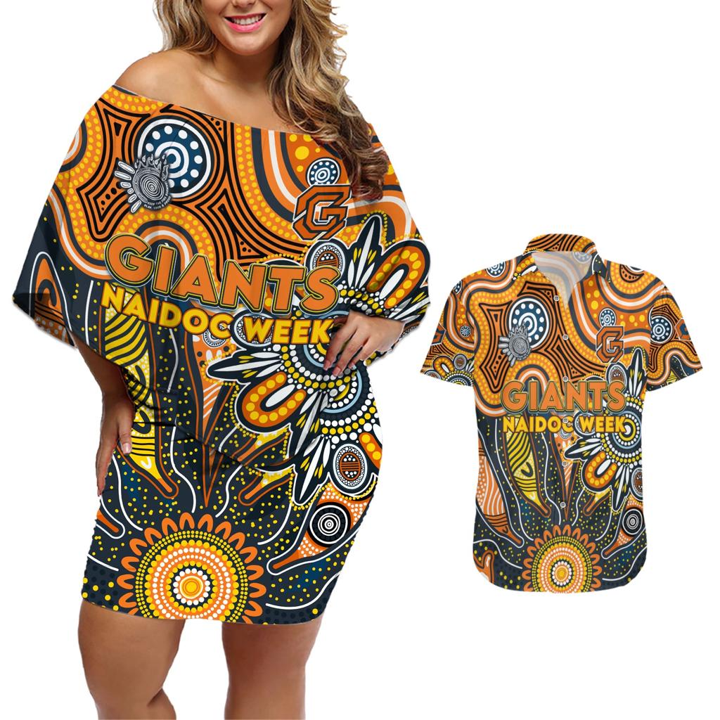 Personalised Giants NAIDOC Week 2024 Couples Matching Off Shoulder Short Dress and Hawaiian Shirt Aussie Aboriginal Art