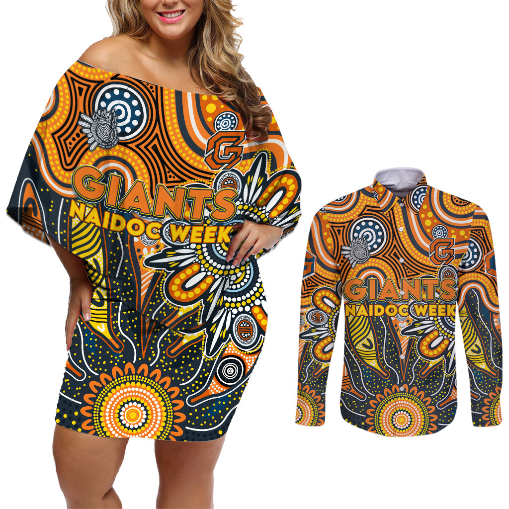 Personalised Giants NAIDOC Week 2024 Couples Matching Off Shoulder Short Dress and Long Sleeve Button Shirt Aussie Aboriginal Art