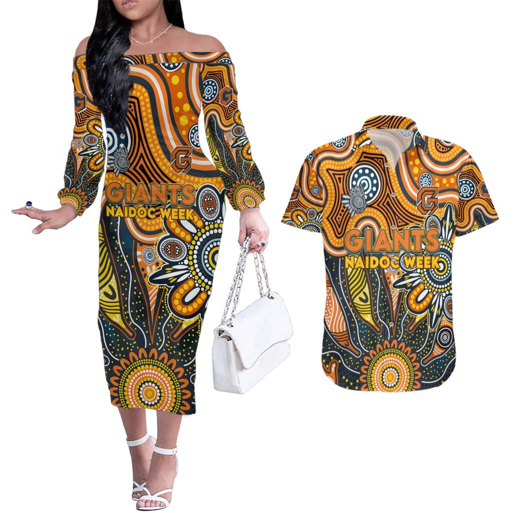 Personalised Giants NAIDOC Week 2024 Couples Matching Off The Shoulder Long Sleeve Dress and Hawaiian Shirt Aussie Aboriginal Art