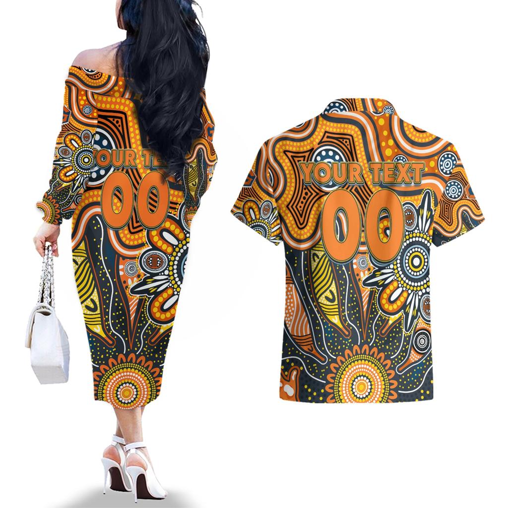 Personalised Giants NAIDOC Week 2024 Couples Matching Off The Shoulder Long Sleeve Dress and Hawaiian Shirt Aussie Aboriginal Art