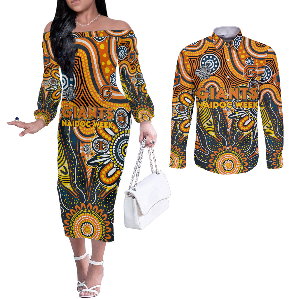 Personalised Giants NAIDOC Week 2024 Couples Matching Off The Shoulder Long Sleeve Dress and Long Sleeve Button Shirt Aussie Aboriginal Art