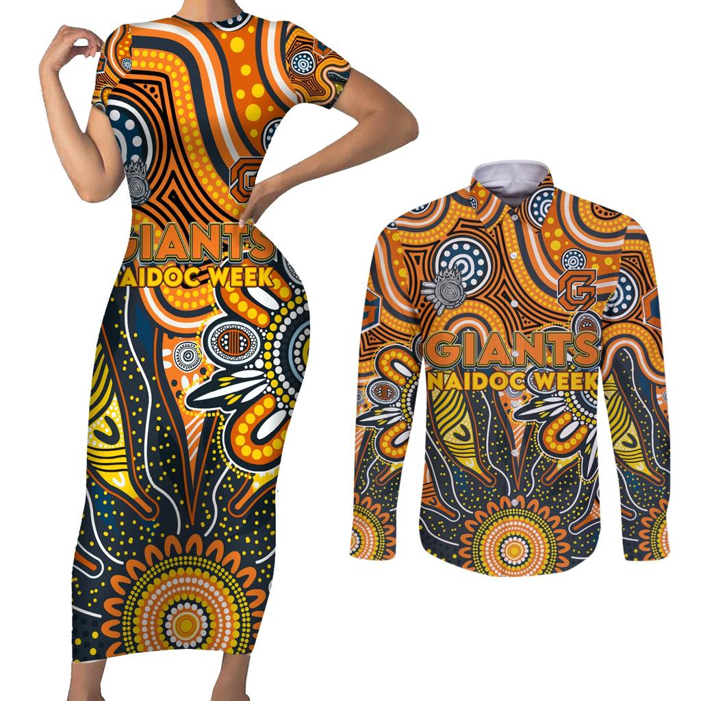 Personalised Giants NAIDOC Week 2024 Couples Matching Short Sleeve Bodycon Dress and Long Sleeve Button Shirt Aussie Aboriginal Art