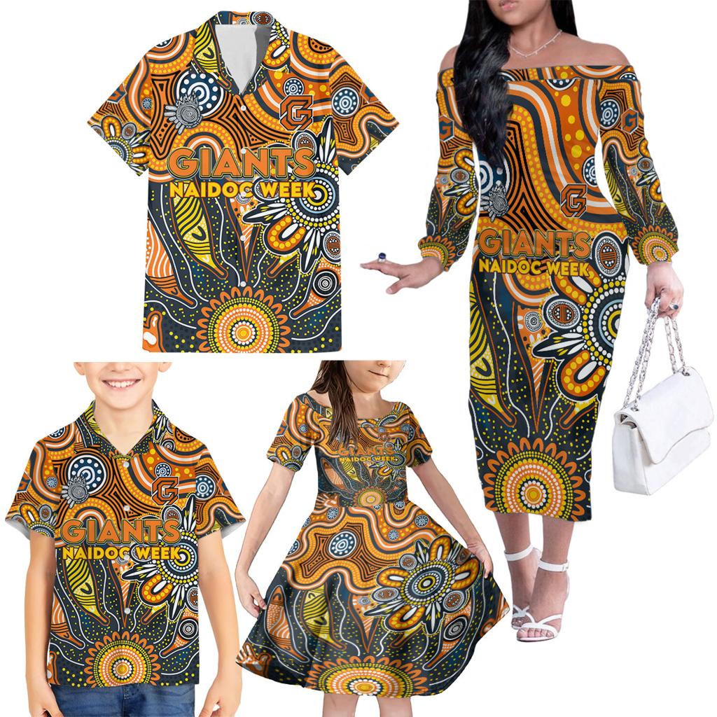 Personalised Giants NAIDOC Week 2024 Family Matching Off The Shoulder Long Sleeve Dress and Hawaiian Shirt Aussie Aboriginal Art