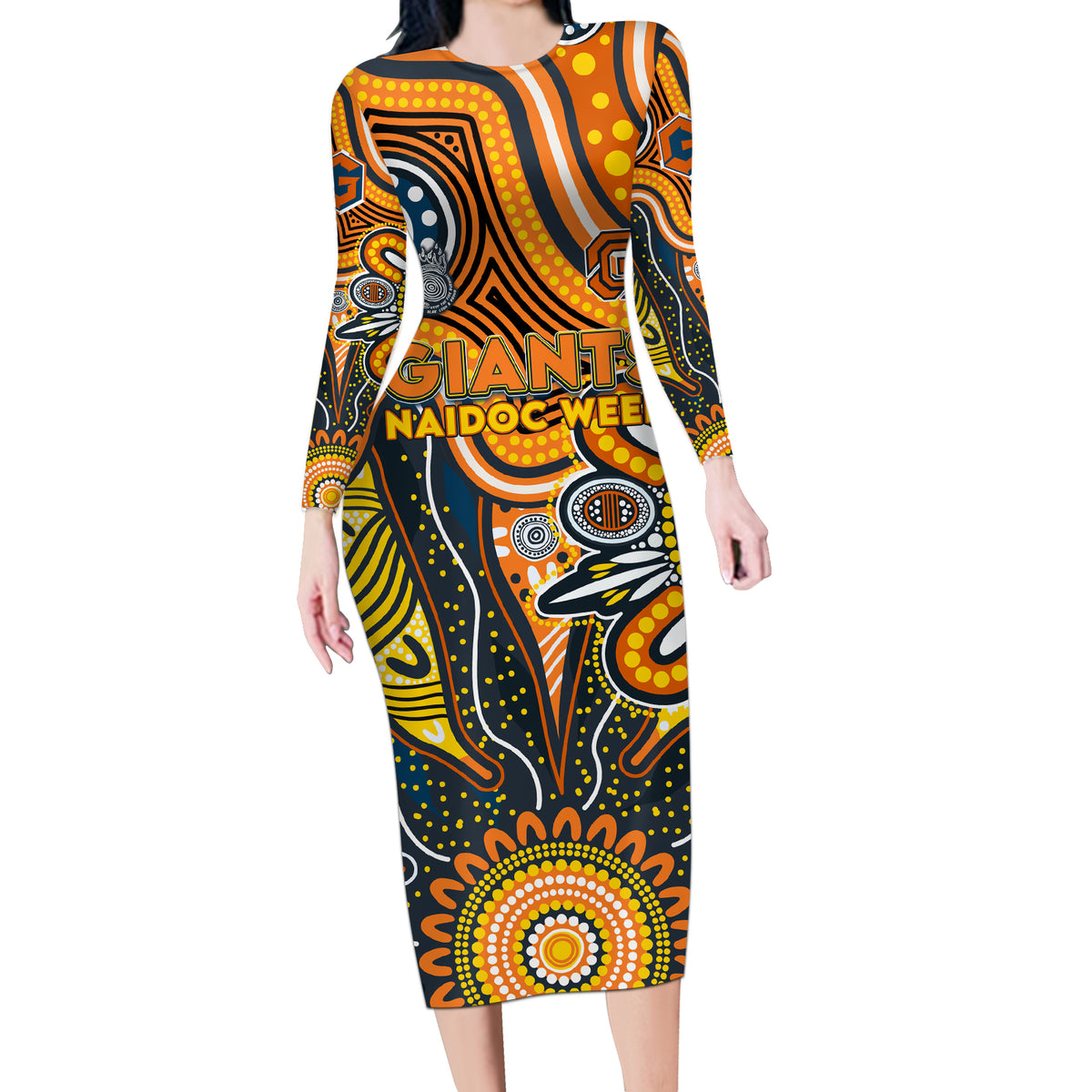 Personalised Giants NAIDOC Week 2024 Long Sleeve Bodycon Dress Aussie Aboriginal Art