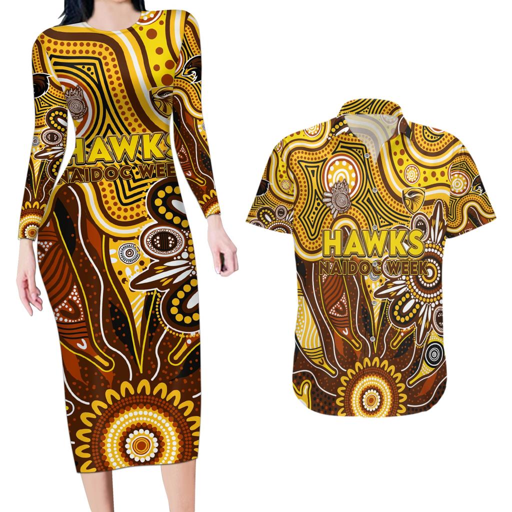 Personalised Hawks NAIDOC Week 2024 Couples Matching Long Sleeve Bodycon Dress and Hawaiian Shirt Aussie Aboriginal Art